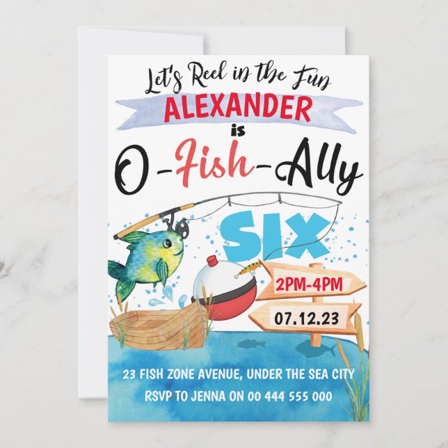 Invitation O-Fish-Ally Six Pêche 6e anniversaire garçon (Devant)