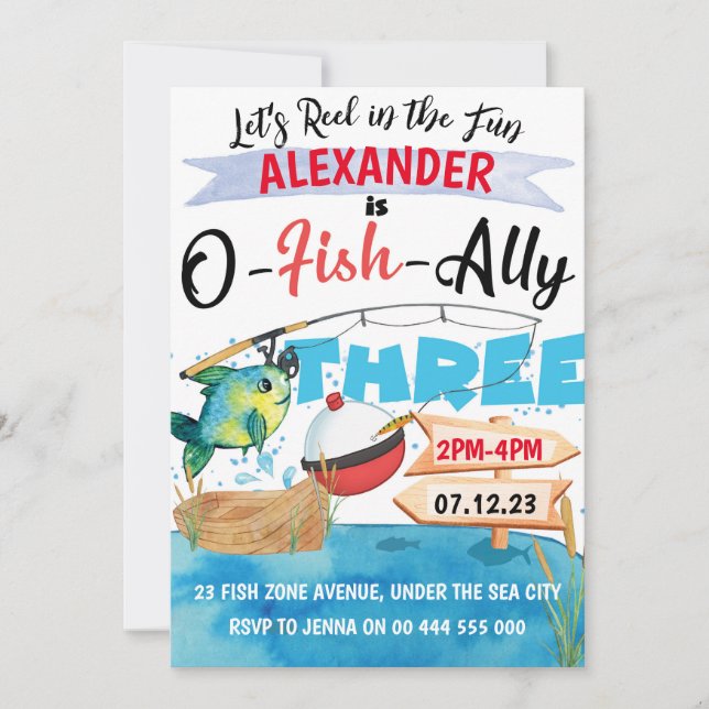 Invitation O-Fish-Ally Trois Pêche 3e anniversaire garçon (Devant)