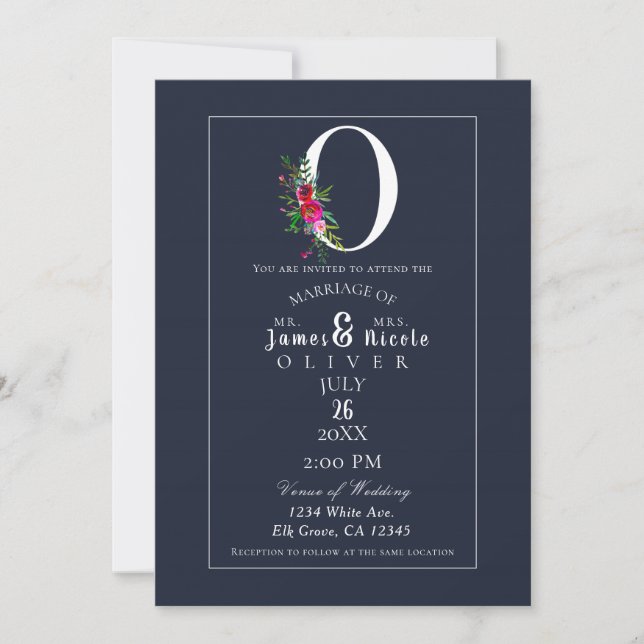 Invitation O Monogramme Initiale Moderne Fleurie Bleue Mariag (Devant)
