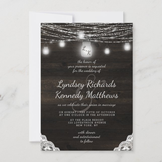 Invitation Oak Ridge Rustic Dark Wood & Mariage dentelle (Devant)