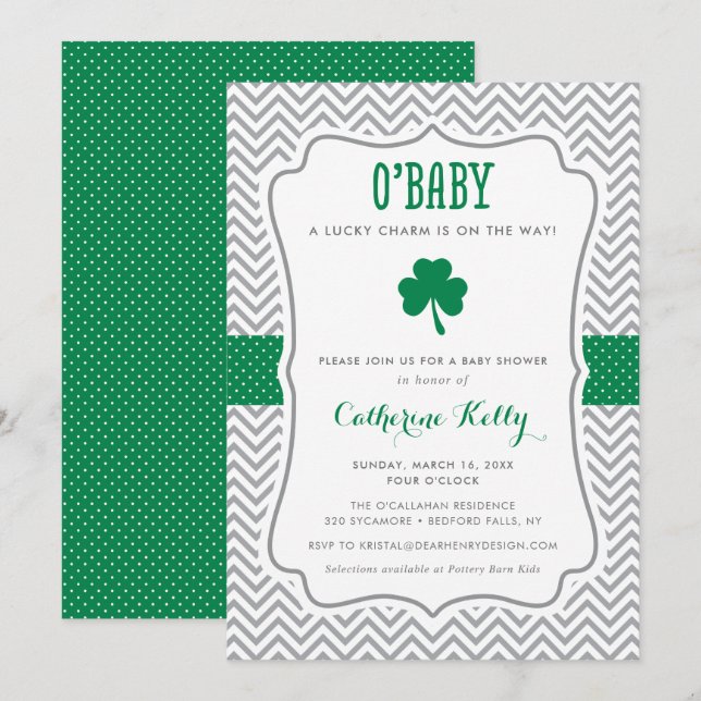 Invitation O'Baby Lucky Charm Baby shower Shamrock (Devant / Derrière)