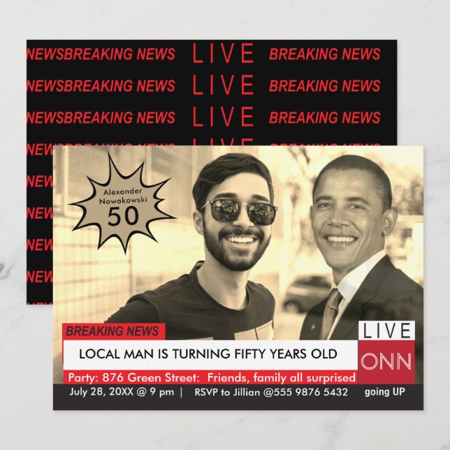 Invitation Obama Mens Funny TV News 50e anniversaire (Devant / Derrière)