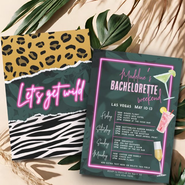 Invitation Obtenons sauvage zèbre léopard neon rose bachelore (Créateur téléchargé)