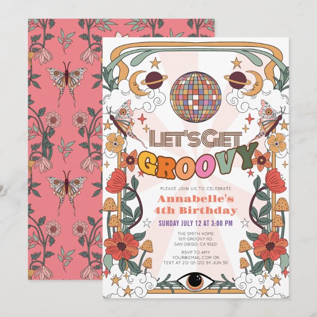 Invitation Obtenons Super Psychedelic Retro Girl Anniversaire (Devant / Derrière)