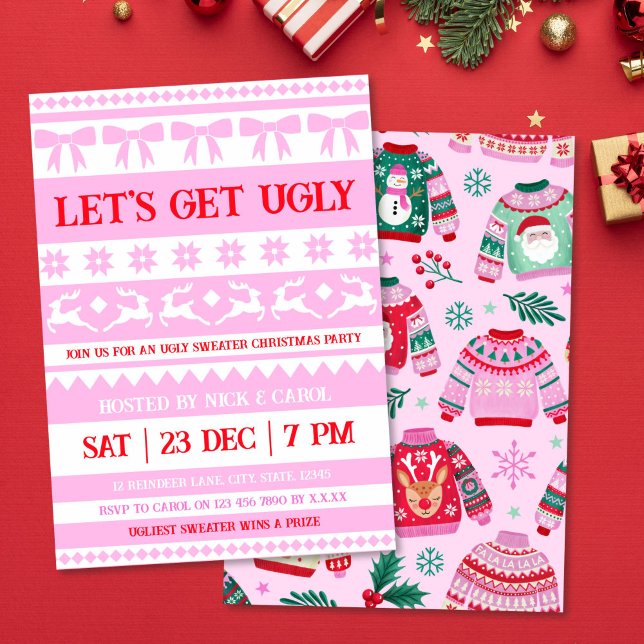 Invitation Obtenons un laide Noël laide Sweater rose & rouge (Let's Get Ugly Christmas Ugly Sweater Pink & Red Invitation)