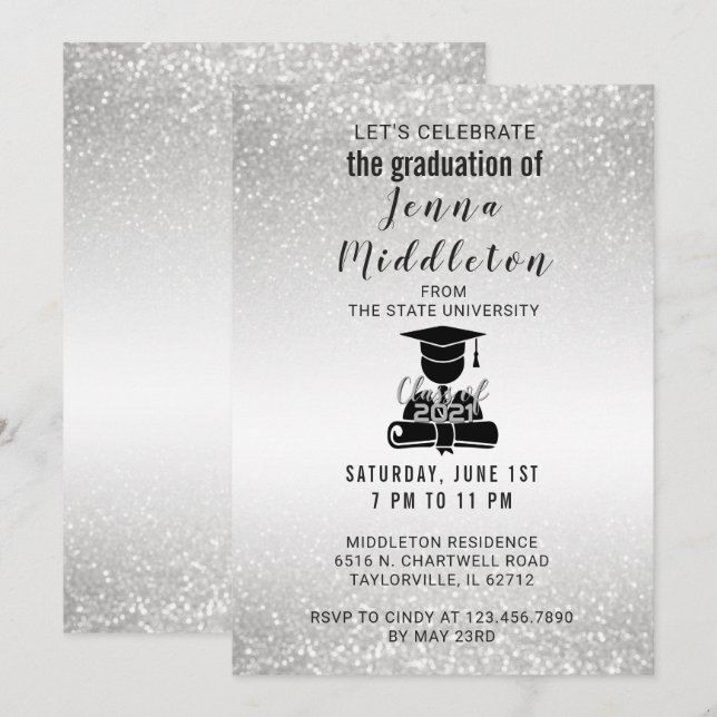Invitation Obtention du diplôme argentée de parties (Devant / Derrière)