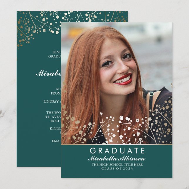 Invitation Obtention du diplôme florale de photo d'étudiant (Devant / Derrière)