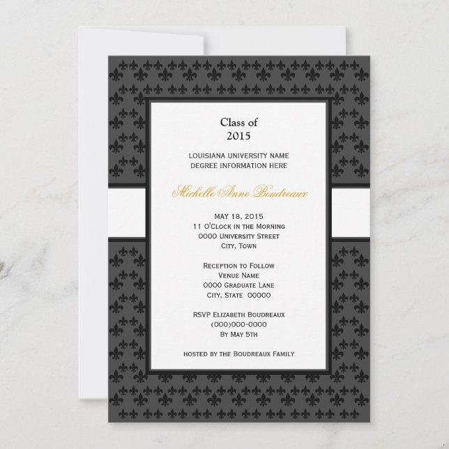 Invitation Obtention du diplôme formelle noire de Gray Fleur (Devant)