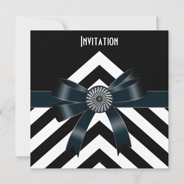 Invitation Occasions Black White Stripe Black Bow (Front)
