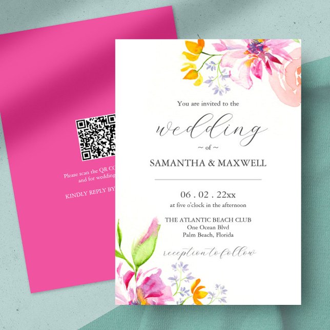 Invitation Occasions de mariage floral aquarelle avec code QR (watercolor floral wedding invites unique pink flower art by Victoria Grigaliunas of Do Tell A Belle)
