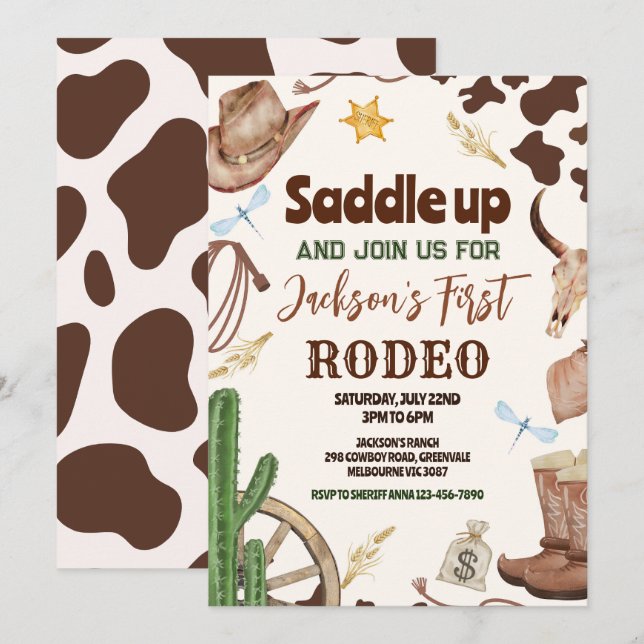 Invitation Occidental First Rodeo Wild West Cowboy Anniversai (Devant / Derrière)
