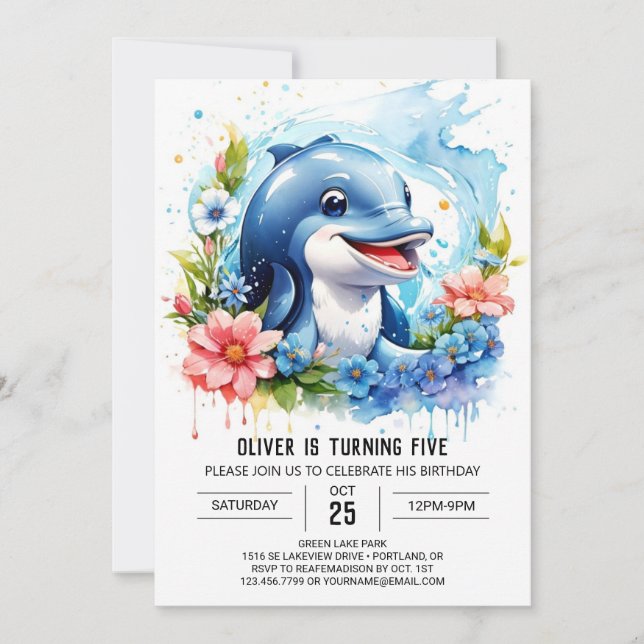 Invitation Océan Animaux Imaginaire Dauphin Anniversaire (Devant)