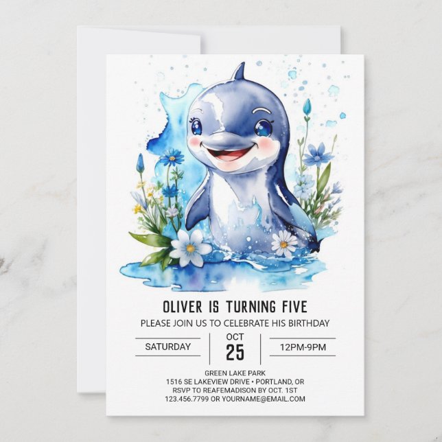 Invitation Océan Animaux Imaginaire Dauphin Anniversaire (Devant)