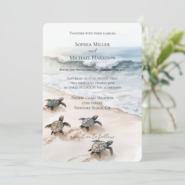 Invitation Ocean Beach Coast Sea Turtles Wedding (Debout devant)