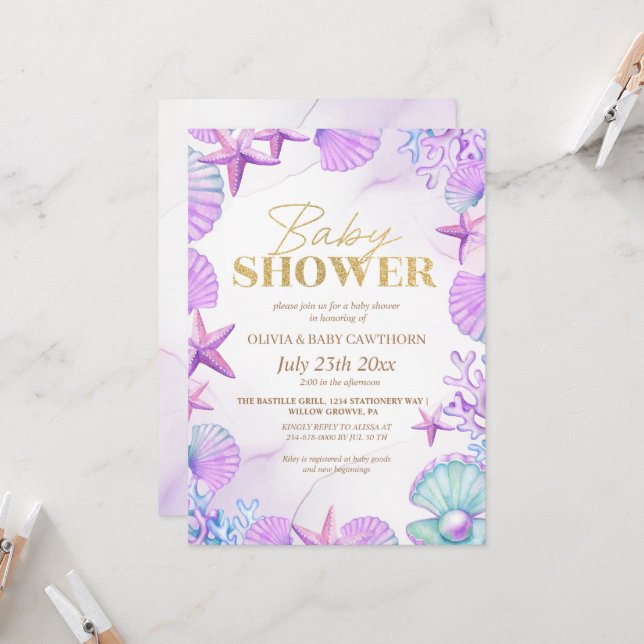 Invitation Ocean Beach Coral Blue Gold Baby Girl Douche (Devant/Arrière en situation)