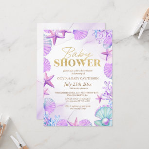Invitation Ocean Beach Coral Blue Gold Baby Girl Douche