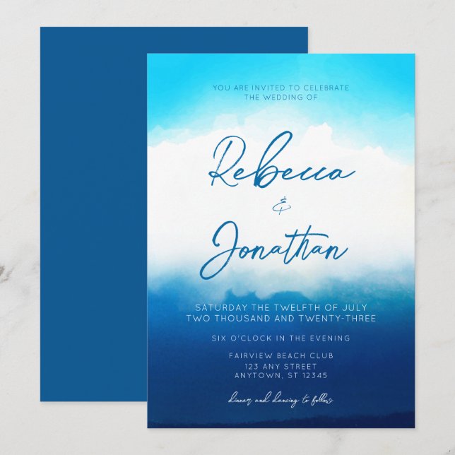 Invitation Ocean Beach Mariage d'aquarelle bleu côtier (Devant / Derrière)