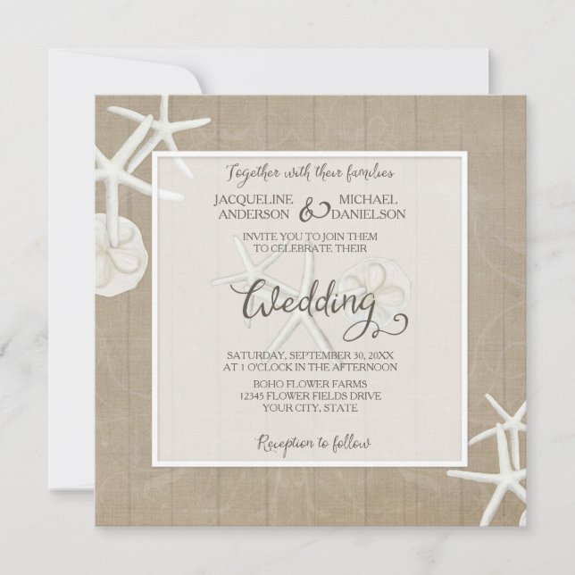 Invitation Ocean Beach Mariage Starfish Bois Damas Rustique (Devant)