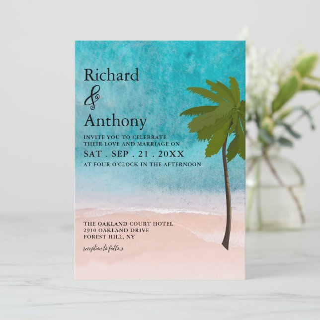 Invitation Ocean Beach Palm Tree Mariage (Debout devant)