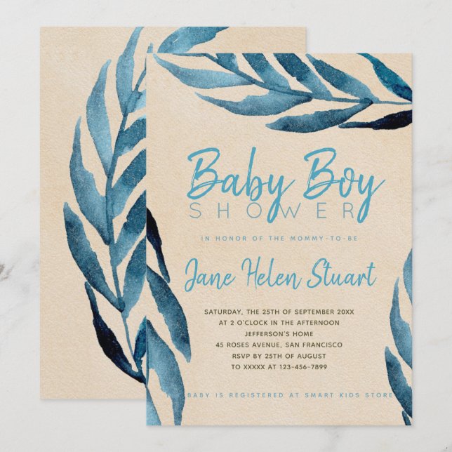 Invitation Océan bleu laurier feuillage bébé garçon douche in (Devant / Derrière)