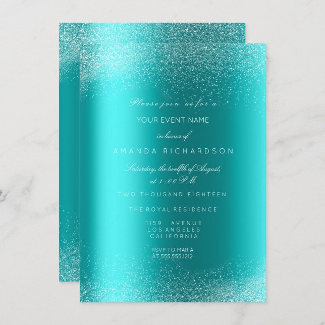 Invitation Ocean Bleu Pailleté Sable Mariage Anniversaire (Devant / Derrière)