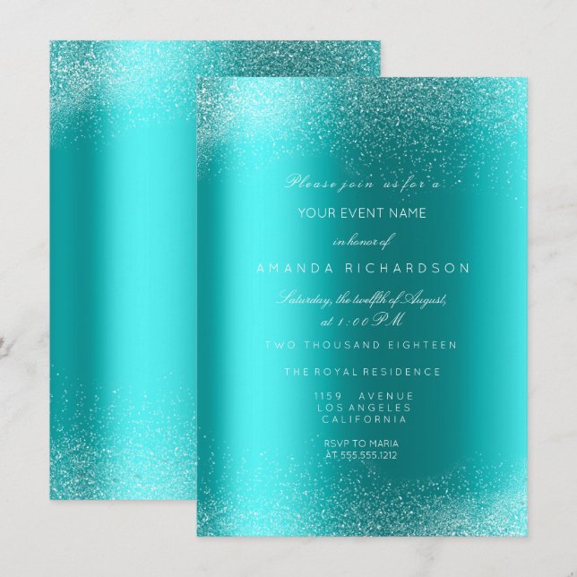 Invitation Ocean Bleu Paillettes Étincelles Sable Mariage Ann (Devant / Derrière)