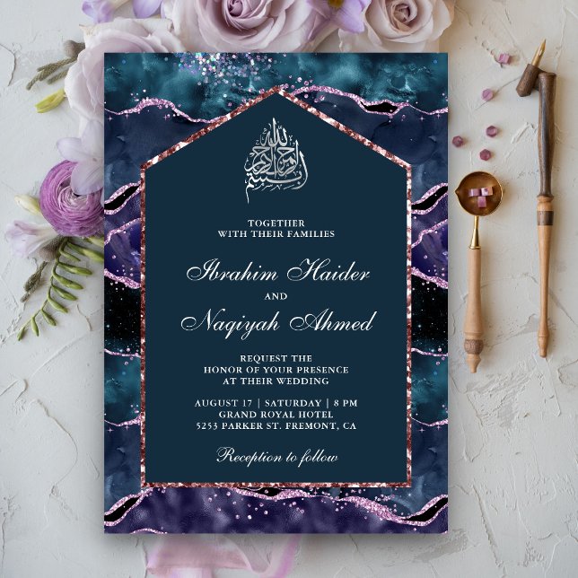 Invitation Océan Bleu violet Agate Marbre Arc Mariage musulma (Créateur téléchargé)