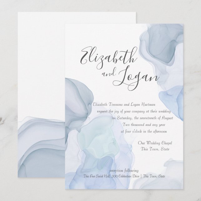 Invitation Ocean Blue Abstrait Moderne Mariage d'aquarelle (Devant / Derrière)