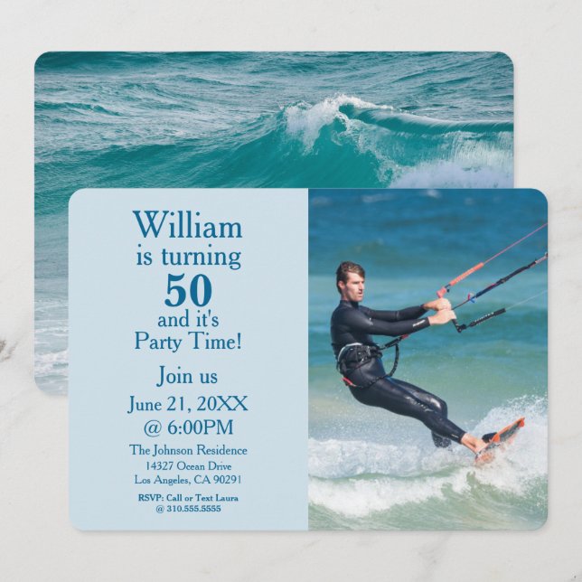 Invitation Océan Blue Custom "Turning 50" Photo Anniversaire (Devant / Derrière)