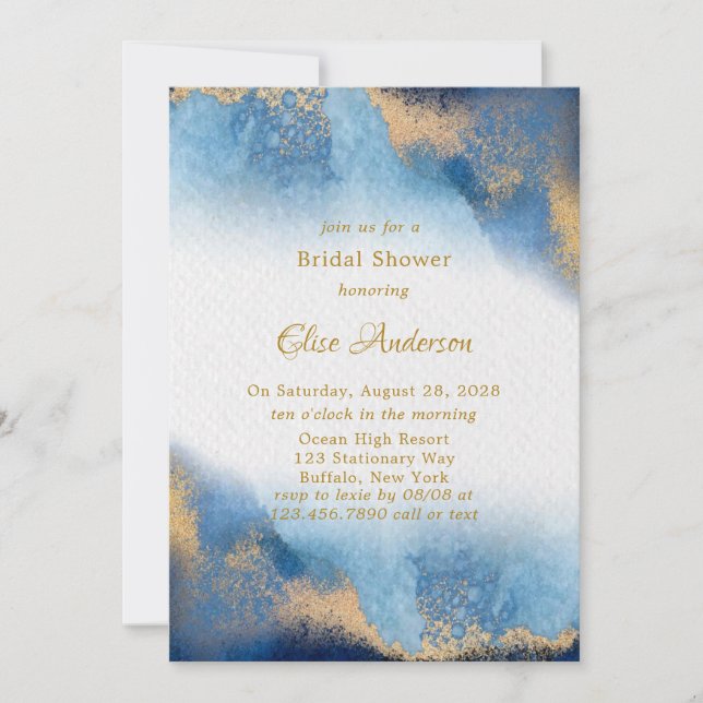 Invitation Ocean Blue Golden Watercolor Fête des mariées (Devant)