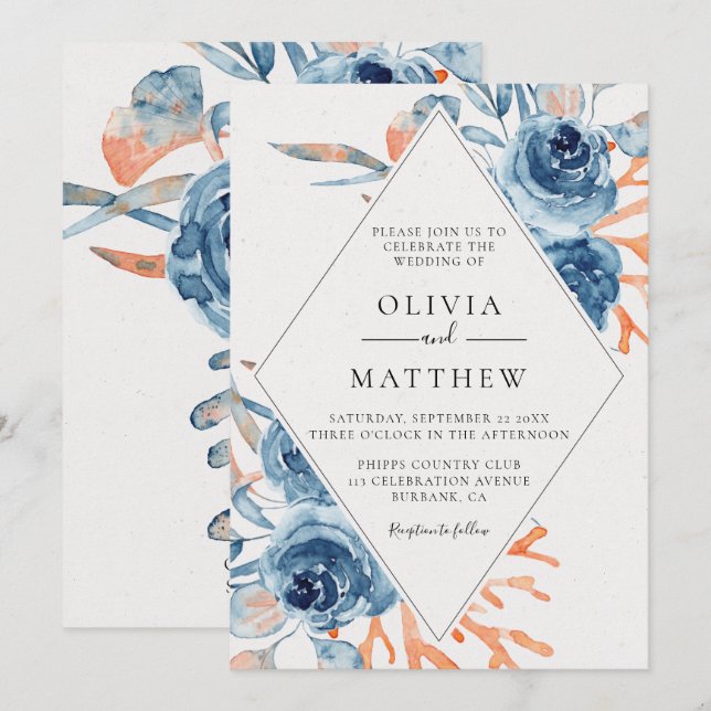 Invitation Ocean Blue Rose Coral Destination Mariage (Devant / Derrière)
