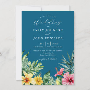 Invitation Ocean Blue Tropical Floral Code QR Mariage