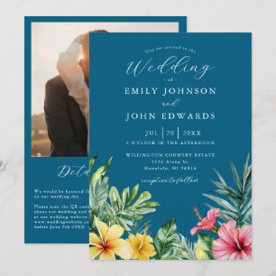Invitation Ocean Blue Tropical Flowers Photo QR Code Mariage