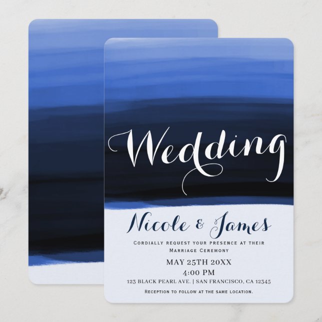 Invitation Ocean Blue Watercolor Modern Glam Mariage (Devant / Derrière)