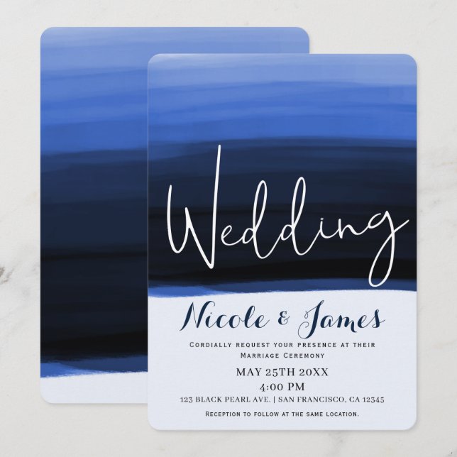 Invitation Ocean Blue Watercolor Modern Glam Mariage (Devant / Derrière)