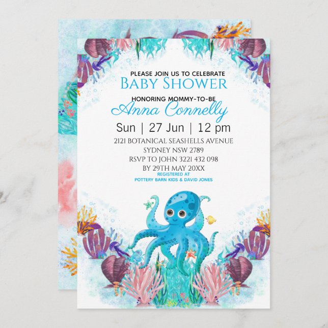 Invitation Océan Mer Coloré Garçon Baby shower Octopus (Devant / Derrière)