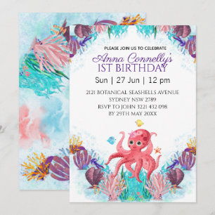 Invitation Océan Mer Coloré Poctopus rose Anniversaire