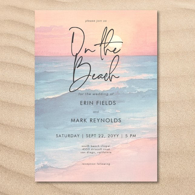 Invitation Océan Moderne Couleur De Soleil Couchant Sur Le Ma (Modern Ocean Sunset Watercolor On Beach Wedding Invitation)