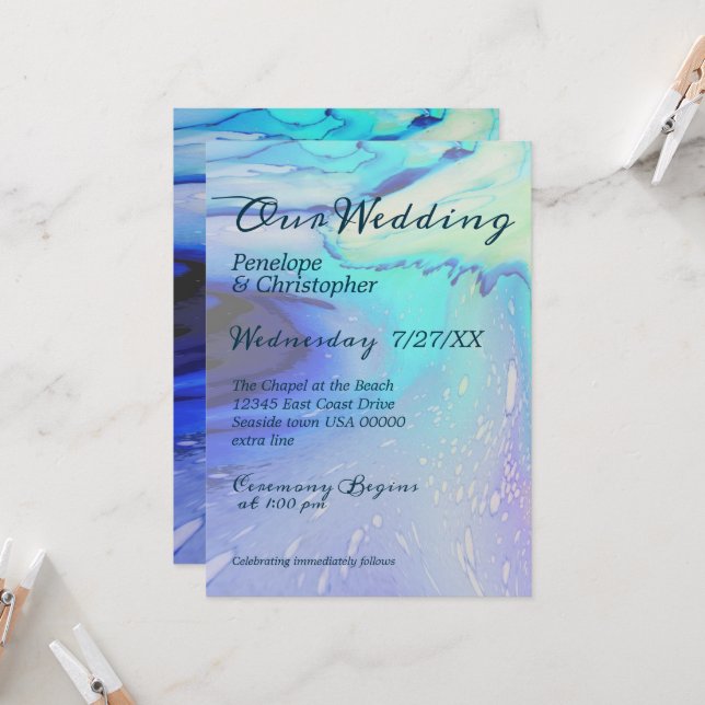 Invitation Océan moderne Eau Bleu Plage Abstraite Mariage (Devant/Arrière en situation)