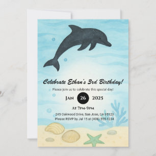 Invitation Océan Scène Anniversaire Dauphin Sombre Coquillag