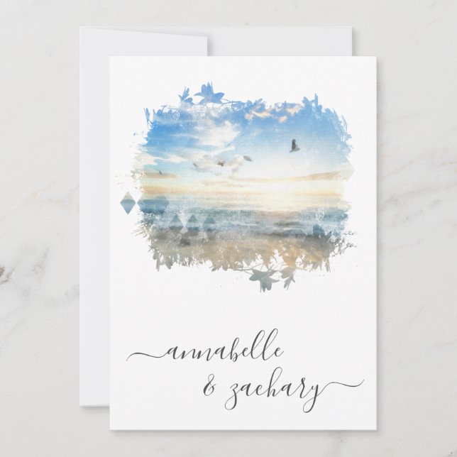 Invitation ** Ocean Sea Artistic RSVP - Plage QR AR7 Mariage (Devant)