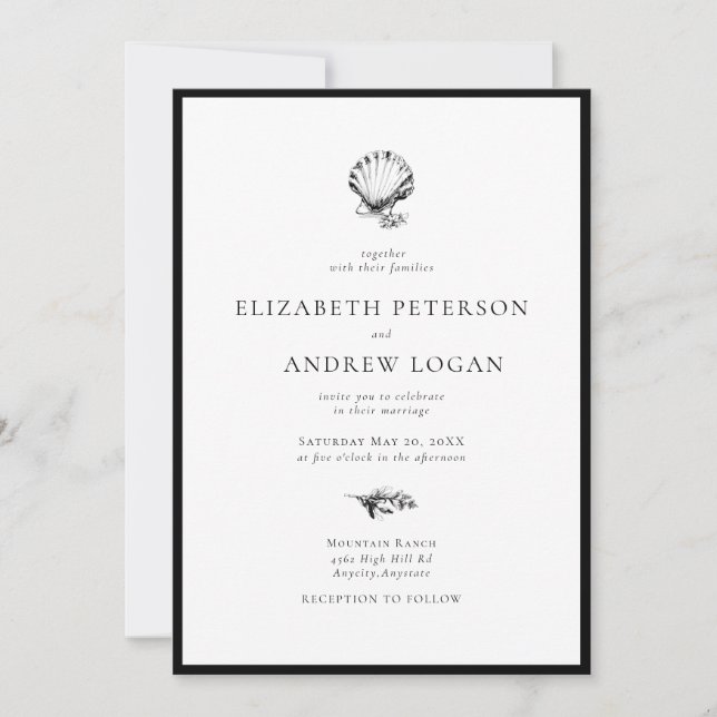 Invitation Ocean Seashell Modern Minimal Black White Wedding (Devant)