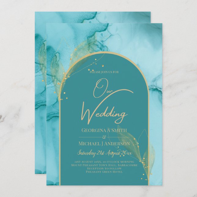 Invitation Ocean Turquoise Turquoise Gold Mariage (Devant / Derrière)