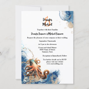 Invitation Octopus bleu orange océan vagues côtier chic