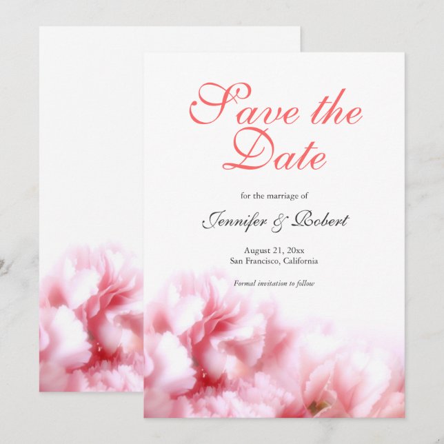Invitation Oeillets roses romantiques Sauvez la date (Devant / Derrière)