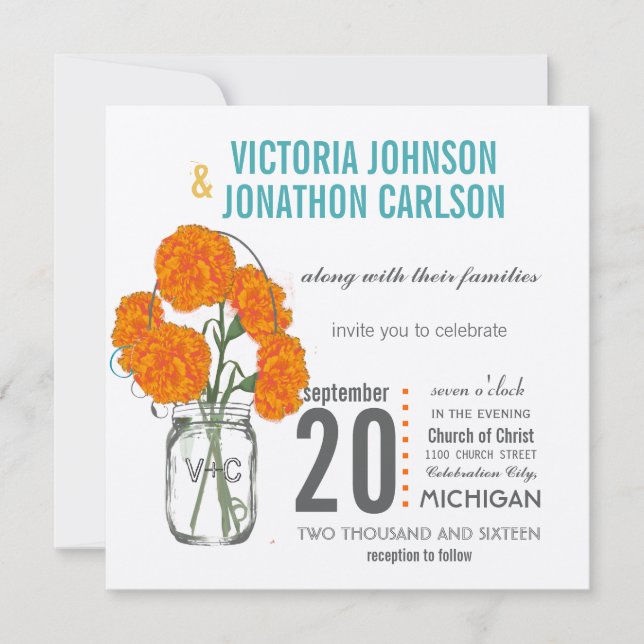 Invitation Oeillets rustiques Mason Jar Mint, Jaunes et Corau (Devant)