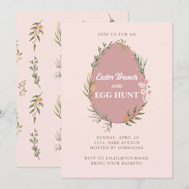 Invitation Oeuf floral mou Pâques Brunch Chasse aux oeufs Inv (Devant / Derrière)