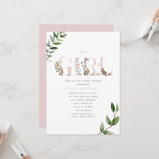 Invitation Oeufs lapin de Pâques Baby shower floral fille lap (Devant/Arrière en situation)