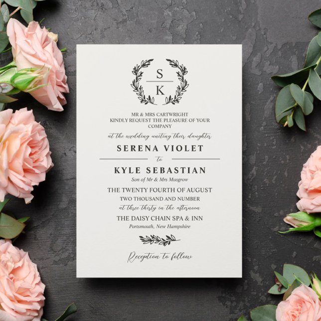 Invitation Off White Grey Laurel Wreath Monogram Mariage (Créateur téléchargé)