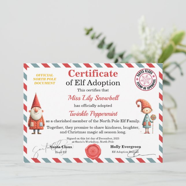 Invitation Official North Pole Elf Adoption Certificate  (Debout devant)